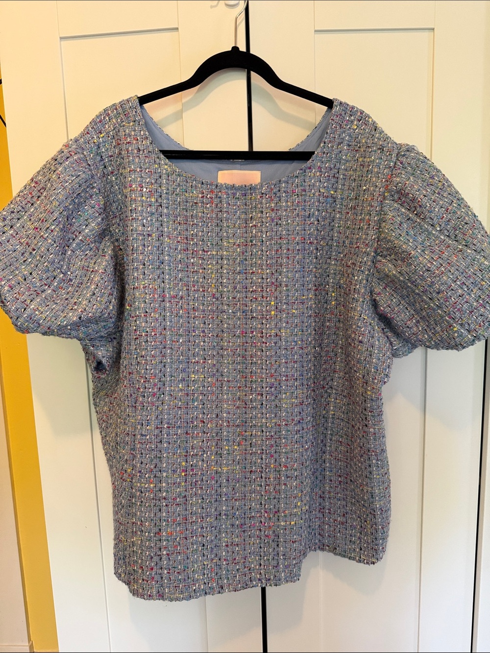 Ivy City Co Light Blue Tweed Puff Sleeve Blouse